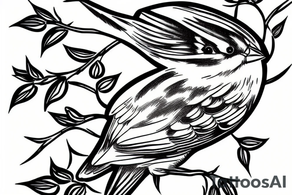 A sparrow sits on a branch tattoo idea