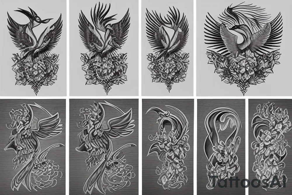 geometric and realistic phoenix tattoo idea