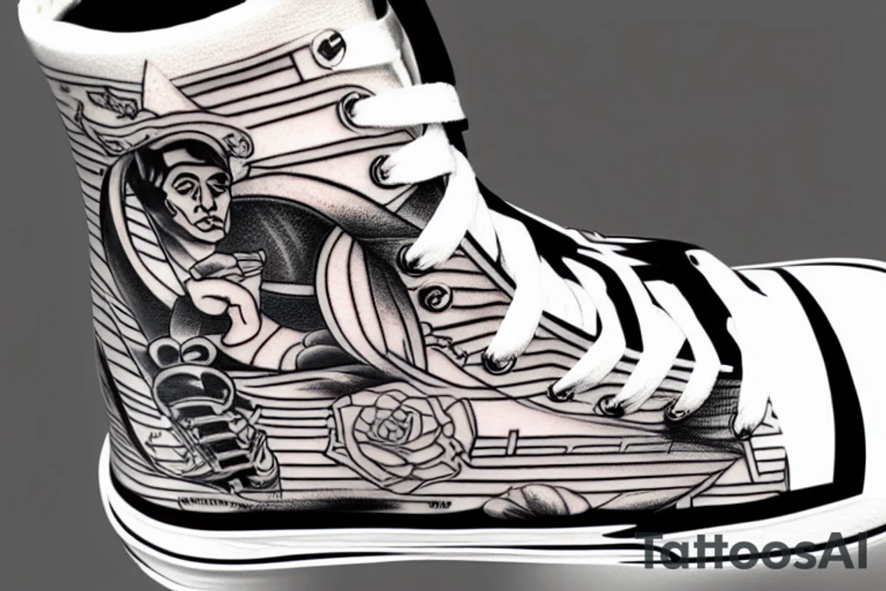 high top sneaker, sailor tattoo, old 55 white lincoln car tattoo idea