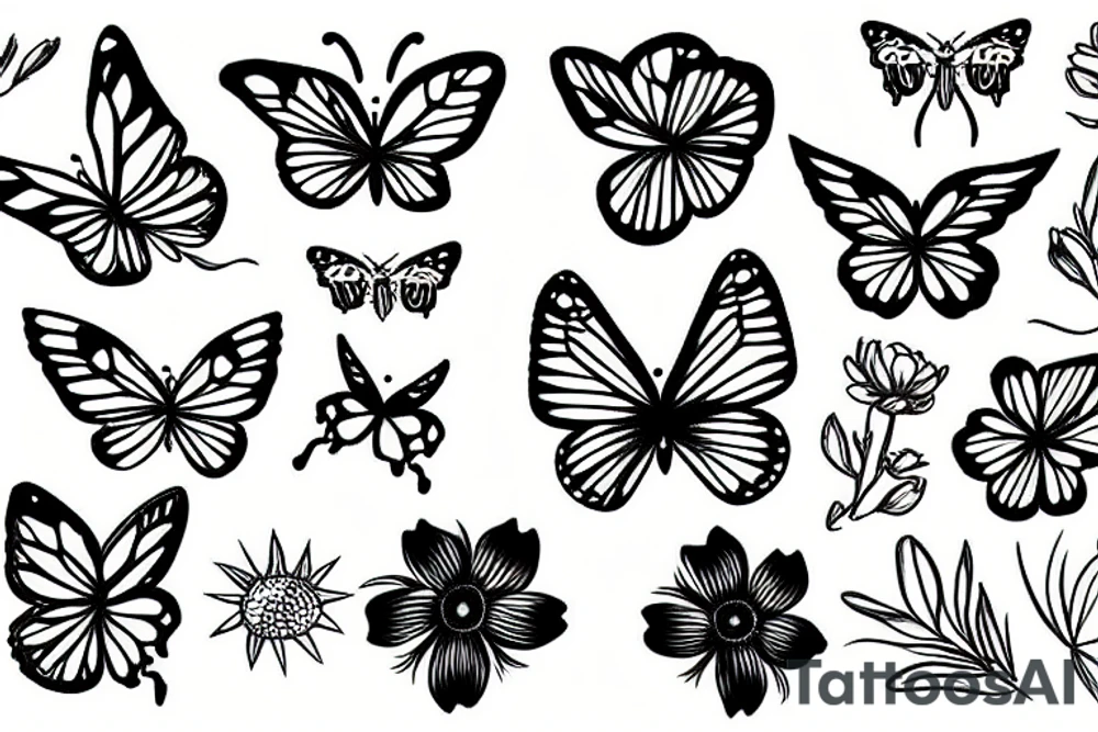 Butterfly With sun and flowers tattoo idea