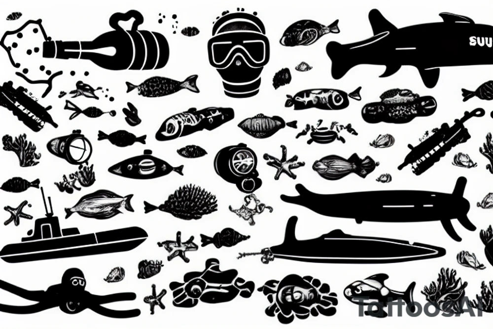 Scuba diver with a submarine, exploration tattoo idea