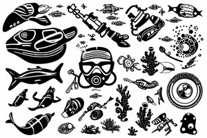 Scuba diver with a submarine, exploration tattoo idea