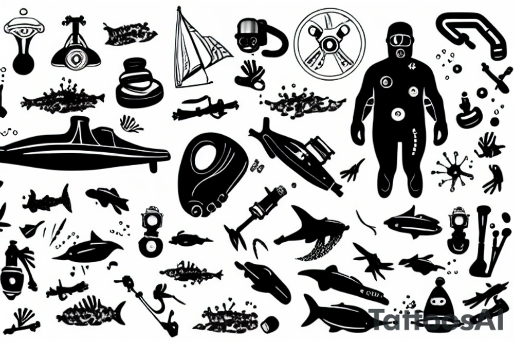 Scuba diver exploring a submarine with a flashlight tattoo idea
