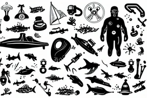 Scuba diver exploring a submarine with a flashlight tattoo idea