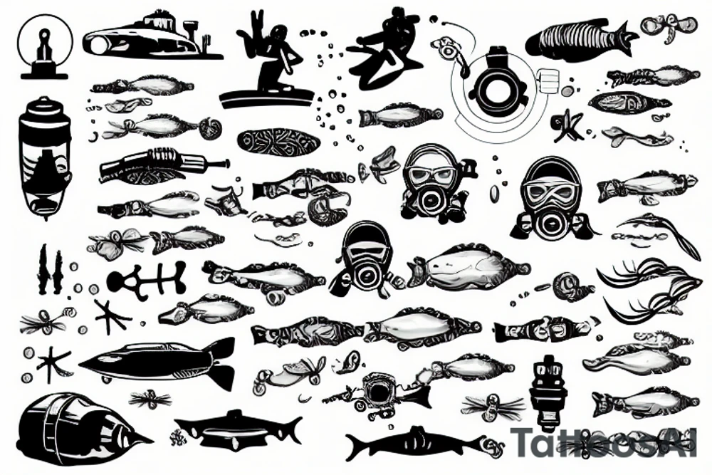 Scuba diver exploring a submarine with a flashlight tattoo idea