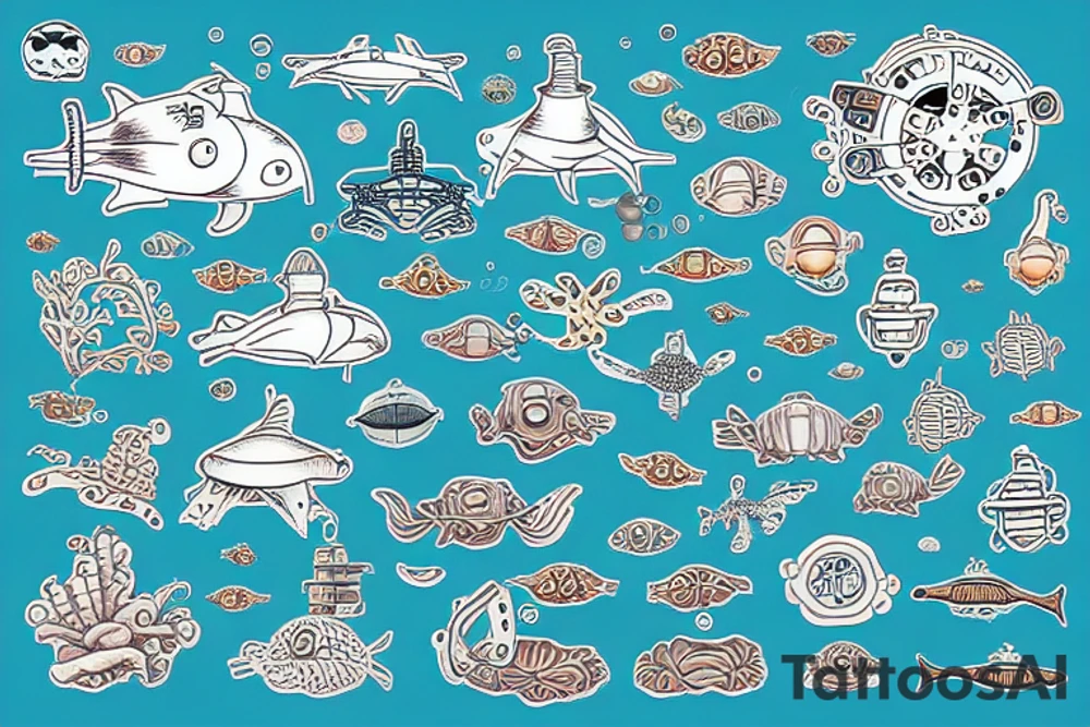 Submarine exploration bottom of the sea scuba diver tattoo idea