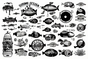 Submarine exploration bottom of the sea scuba diver tattoo idea
