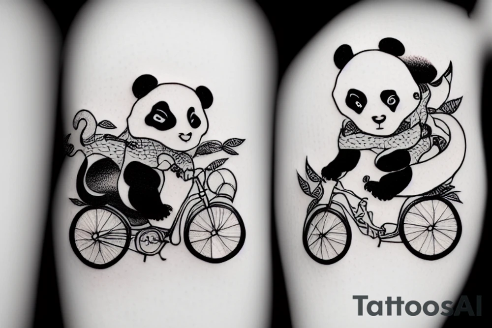 little panda and big dragon on a bicycle, cute tattoo idea