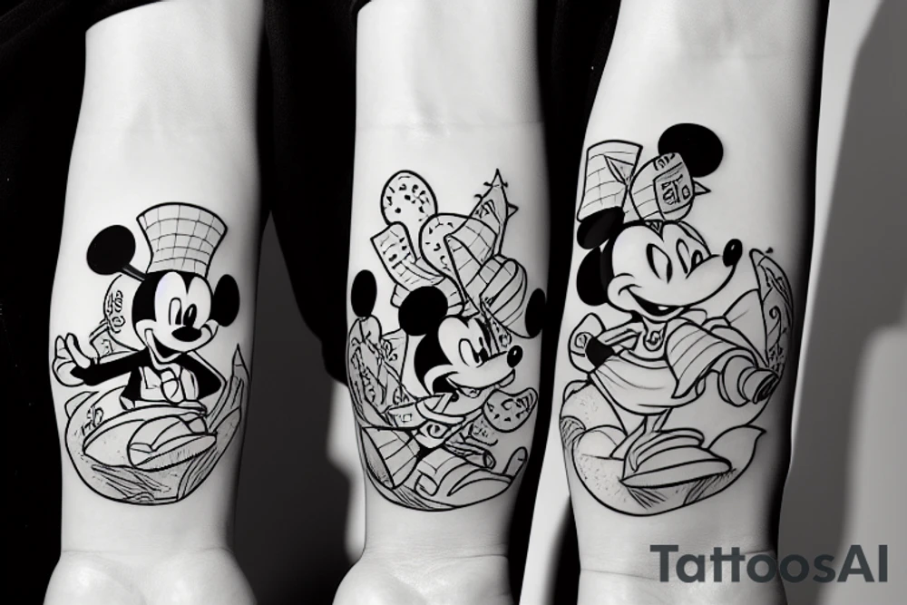 Colorful mickey mouse and donald duck with trees tattoo idea