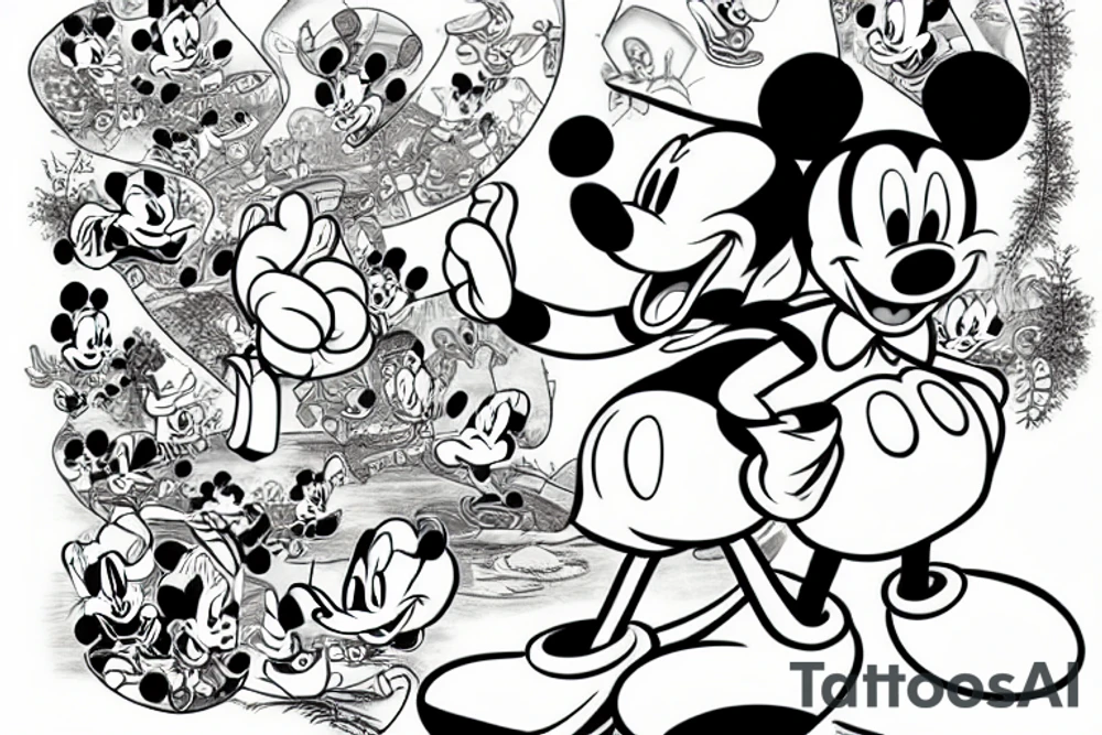 Colorful mickey mouse and donald duck with trees tattoo idea
