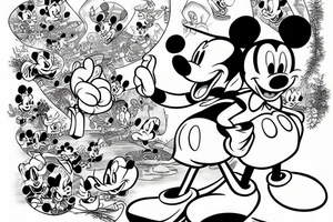 Colorful mickey mouse and donald duck with trees tattoo idea