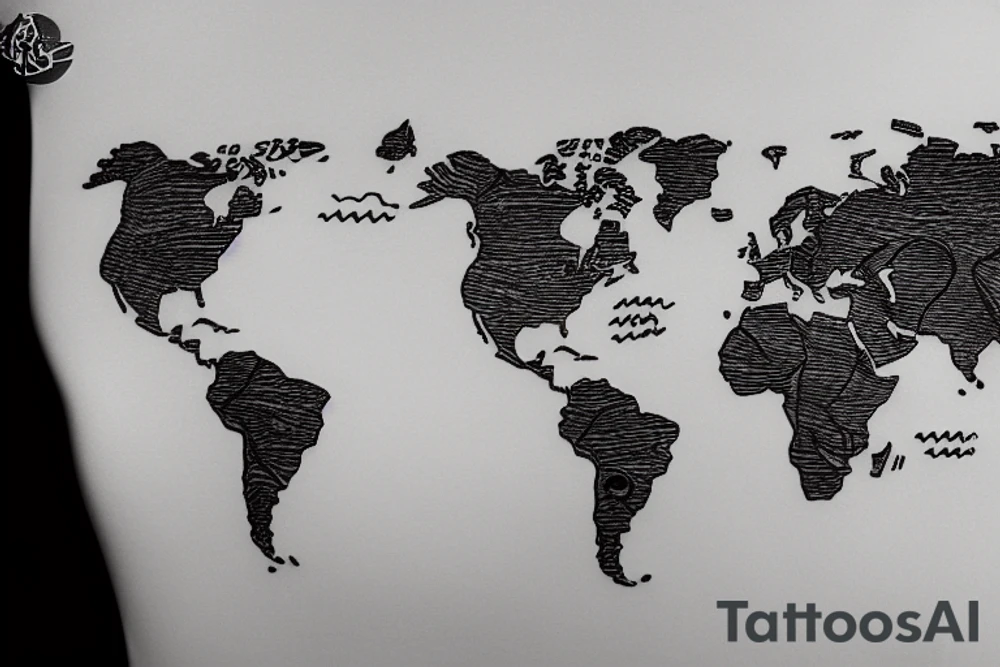 A world map with an airplane going across it, with a trailing line tattoo idea