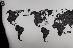 A world map with an airplane going across it, with a trailing line tattoo idea