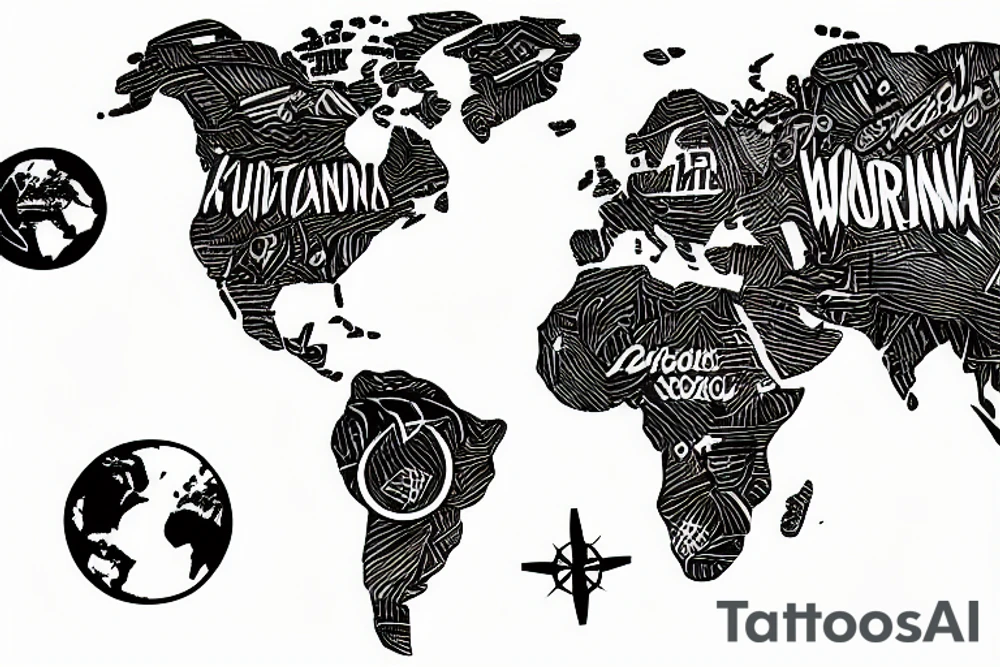 A world map with an airplane going across it, with a trailing line tattoo idea
