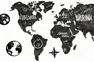 A world map with an airplane going across it, with a trailing line tattoo idea