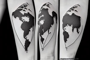 A world map with an airplane going across it, with a trailing line, to fit on the forearm tattoo idea