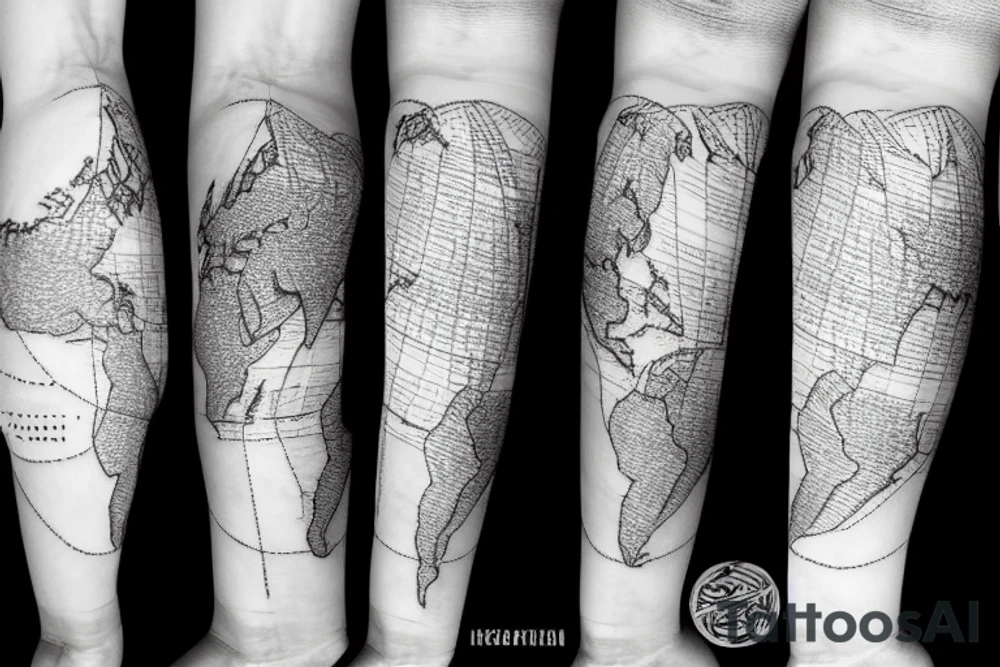 A world map with an airplane going across it, with a trailing line, to fit on the forearm tattoo idea