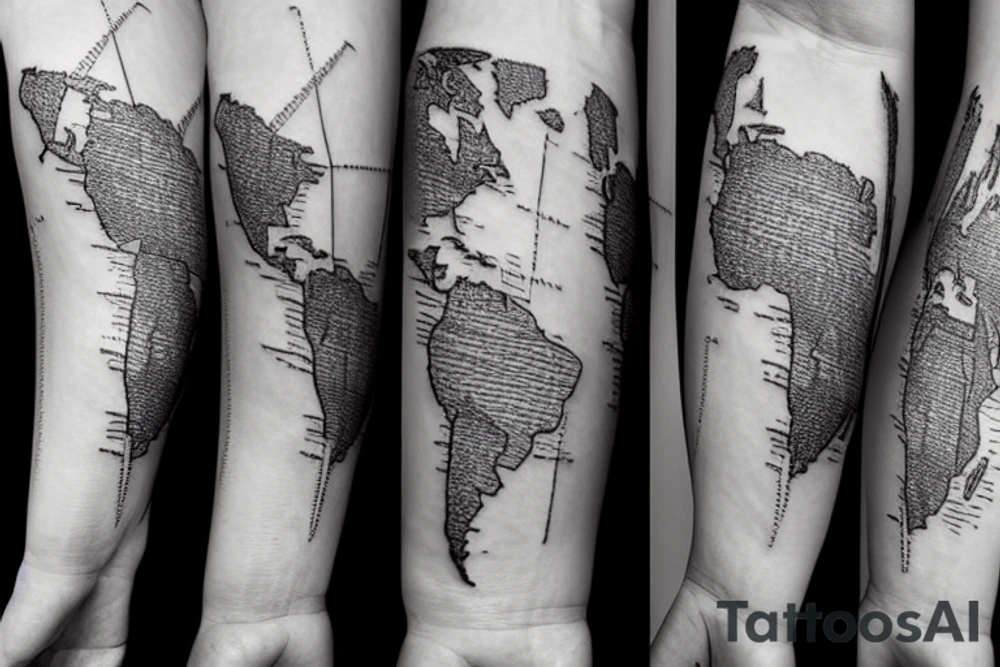 A world map with an airplane going across it, with a trailing line, to fit on the forearm. With lines and dots as extra decorations tattoo idea