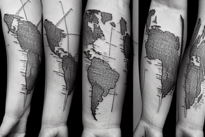 A world map with an airplane going across it, with a trailing line, to fit on the forearm. With lines and dots as extra decorations tattoo idea