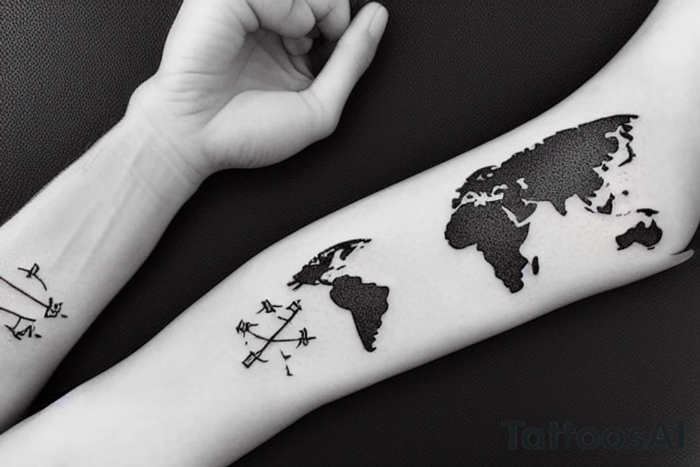 A world map with an airplane going across it, with a trailing line, to fit on the forearm. With lines and dots as extra decorations tattoo idea