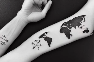 A world map with an airplane going across it, with a trailing line, to fit on the forearm. With lines and dots as extra decorations tattoo idea
