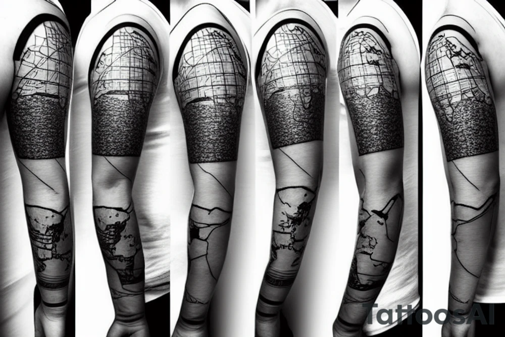 A world map with airplanes going across it, with a trailing line, to fit on the forearm. With lines and dots as extra decorations tattoo idea