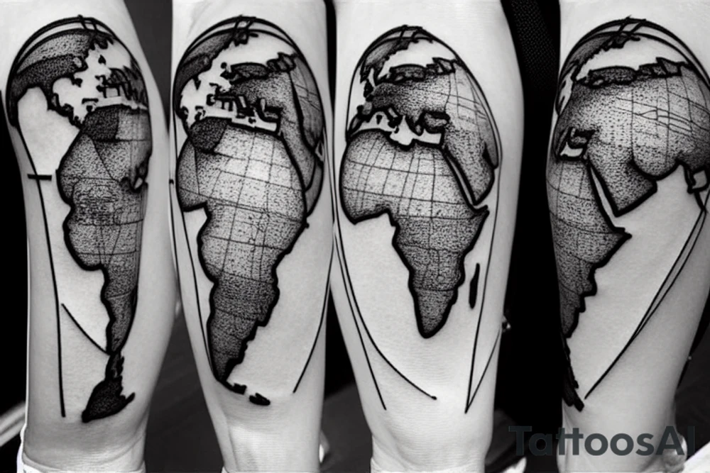 A world map with airplanes going across it, with a trailing line, to fit on the forearm. With lines and dots as extra decorations tattoo idea