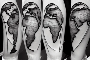 A world map with airplanes going across it, with a trailing line, to fit on the forearm. With lines and dots as extra decorations tattoo idea