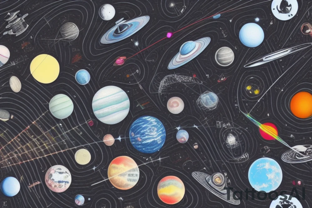 A tiny pale-blue dot rests in the lower section of the middle of three multi-colored bands spanning diagonally over scientific formulas adjacent to an astronaut in a three-piece black suit with his right hand in his pocket tattoo idea