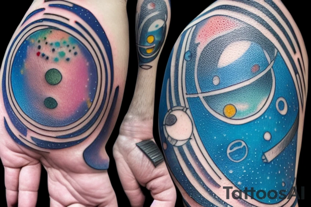 A tiny pale-blue dot rests in the lower section of the middle of three multi-colored bands spanning diagonally over scientific formulas adjacent to an astronaut in a three-piece black suit with his right hand in his pocket tattoo idea