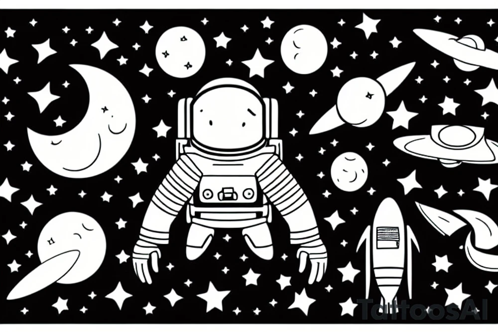 astronaut floating in space with a half moon on the back tattoo idea