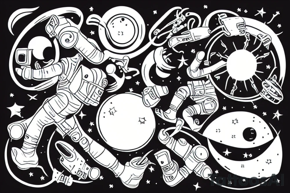 astronaut floating in space with a half moon on the back tattoo idea