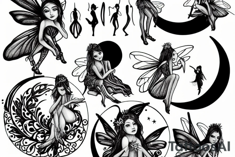 Fairies and moon with a mystic halo tattoo idea