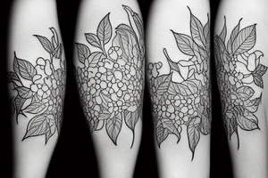 a crunchy apple surrounded by hydrangea leaves tattoo idea