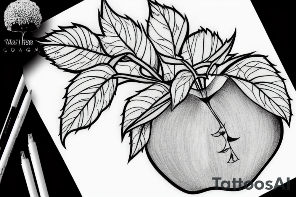 a crunchy apple surrounded by hydrangea leaves tattoo idea