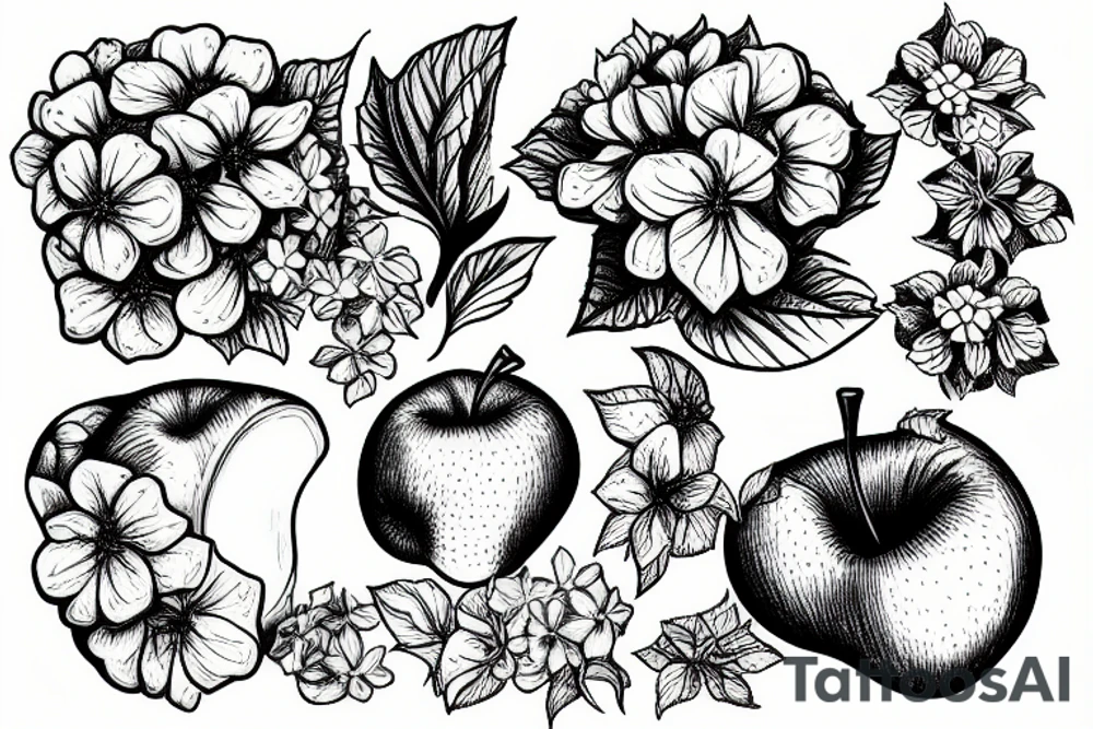 a crunchy apple surrounded by hydrangea flowers tattoo idea