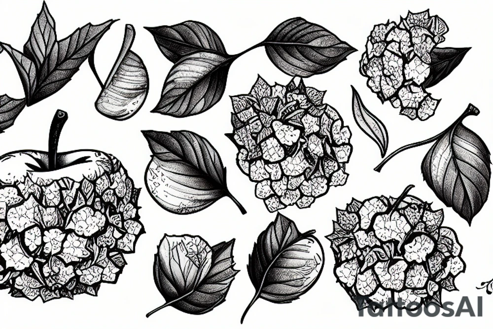a crunchy apple surrounded by hydrangea flowers tattoo idea
