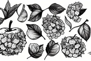 a crunchy apple surrounded by hydrangea flowers tattoo idea