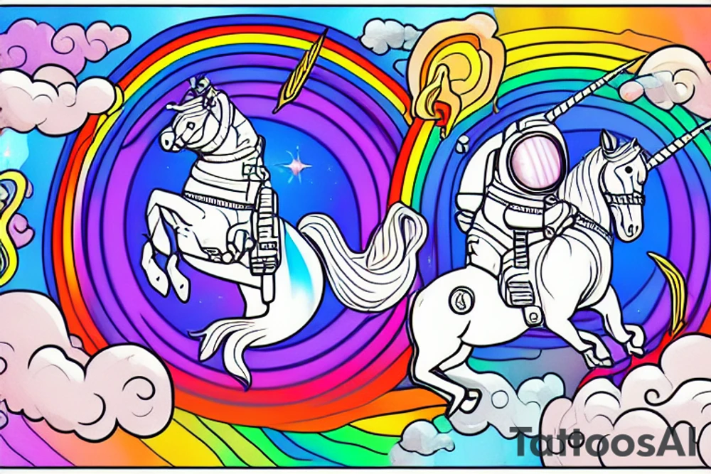 An astronaut riding a unicorn jumps out of a rainbow portal. He holds a flaming sword tattoo idea
