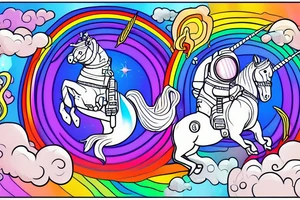 An astronaut riding a unicorn jumps out of a rainbow portal. He holds a flaming sword tattoo idea