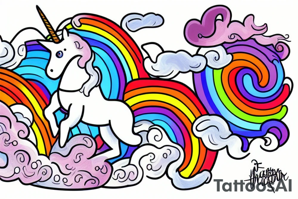 An astronaut riding a unicorn jumps out of a rainbow portal. He holds a flaming sword tattoo idea