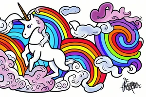 An astronaut riding a unicorn jumps out of a rainbow portal. He holds a flaming sword tattoo idea