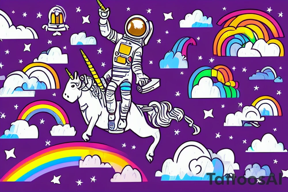 An astronaut riding a unicorn jumps out of a rainbow portal. He holds a flaming sword tattoo idea