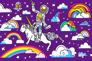An astronaut riding a unicorn jumps out of a rainbow portal. He holds a flaming sword tattoo idea