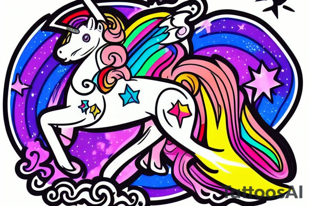 An astronaut riding a unicorn jumps out of a rainbow portal. He holds a flaming sword tattoo idea