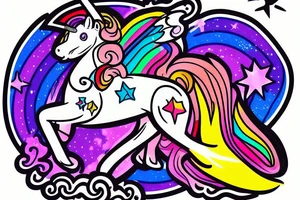 An astronaut riding a unicorn jumps out of a rainbow portal. He holds a flaming sword tattoo idea