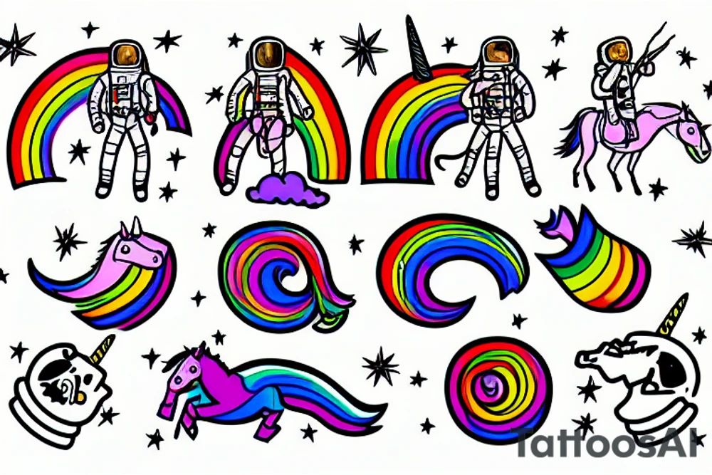 An astronaut riding a unicorn jumps out of a rainbow portal. He holds a flaming sword tattoo idea