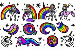 An astronaut riding a unicorn jumps out of a rainbow portal. He holds a flaming sword tattoo idea
