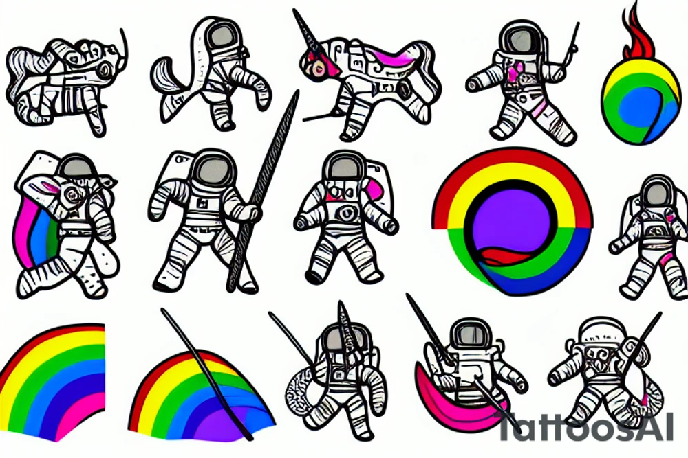 An astronaut riding a unicorn jumps out of a rainbow portal. He holds a flaming sword tattoo idea