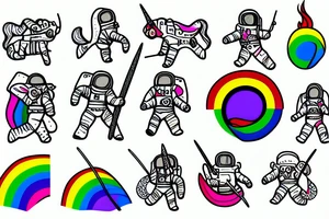 An astronaut riding a unicorn jumps out of a rainbow portal. He holds a flaming sword tattoo idea